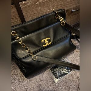 Chanel Black and Gold Leather Shoulder Bag